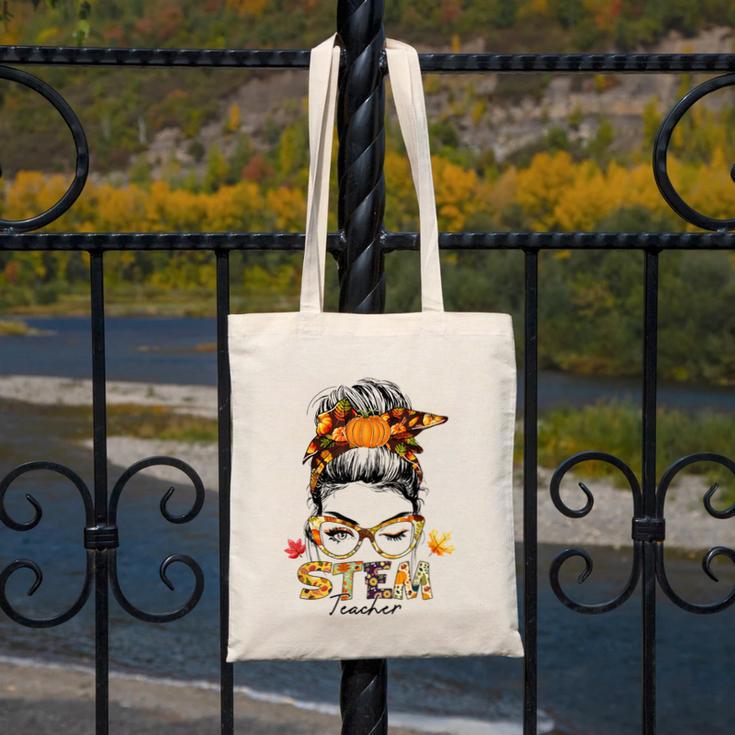 STEM Teacher Messy Bun Fall Vibes Autumn Thanksgiving Men Women Canvas Tote Bag, funny design