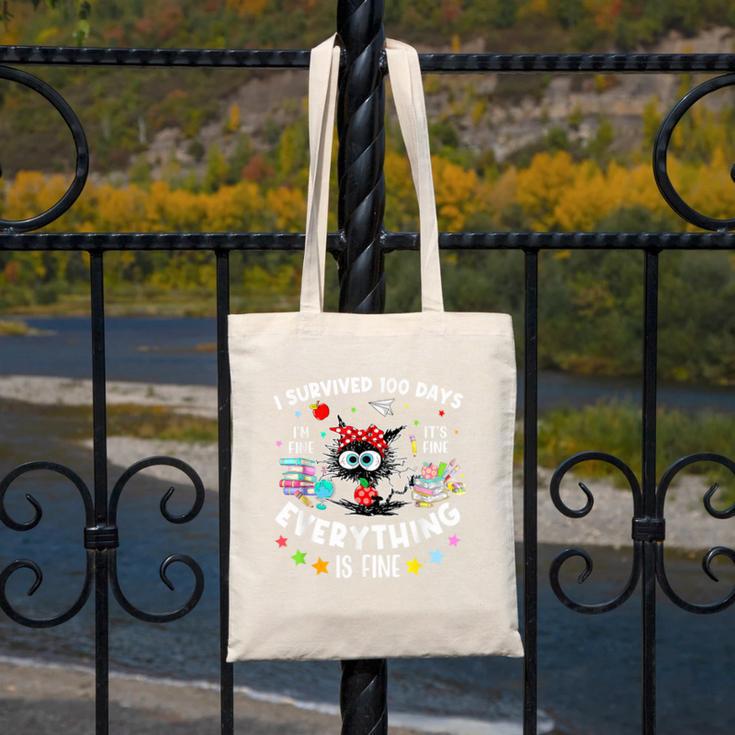 I Survived 100 Days Of School Teacher Kids Cat Lover Canvas Tote Bag, funny design