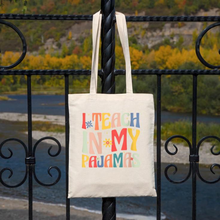 I Teach In My Pajamas Retro Groovy Teacher Humor Canvas Tote Bag, Groovy Teacher Gifts, funny design