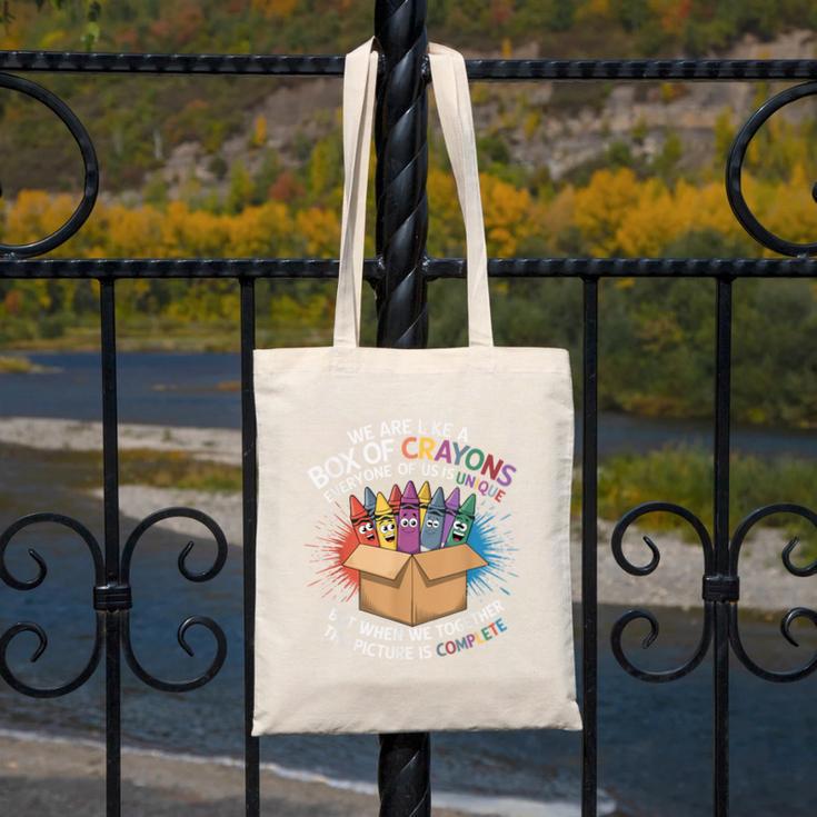 Teacher We Are Like a Box Of Crayons Canvas Tote Bag, funny design