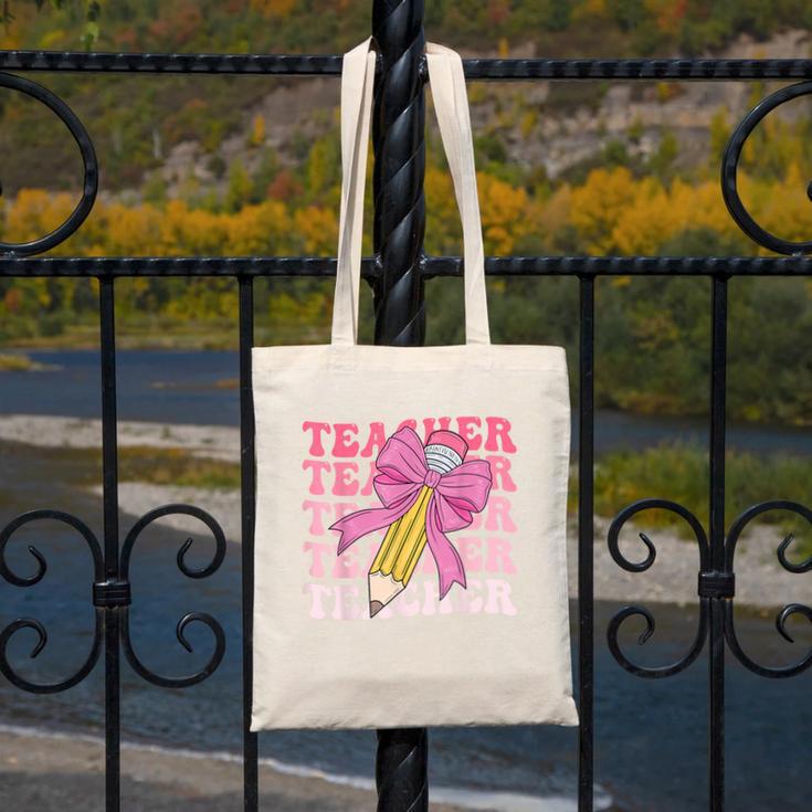 Teacher Pencil Back To School Groovy Pink Teacher First Day Canvas Tote Bag, Groovy Teacher Gifts, funny design