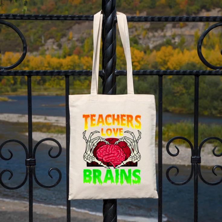 Teacher Teachers Love Brains Skeleton Hand Heart Halloween Canvas Tote Bag, funny design