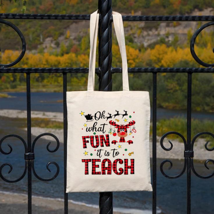 Teachers Oh What Fun It Is To Teach Cute Red Plaid Reindeer Canvas Tote Bag, funny design