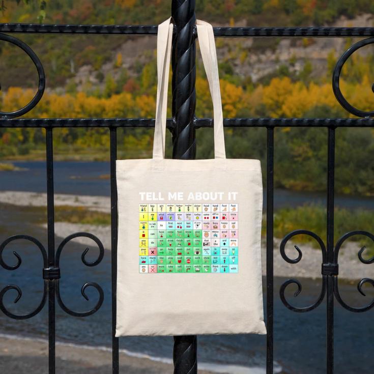 Tell Me About It Speech Language Pathology AAC Sped Teacher Canvas Tote Bag, funny design Tell Me About It Speech Language Pathology AAC Sped Teacher Canvas Tote Bag, funny design