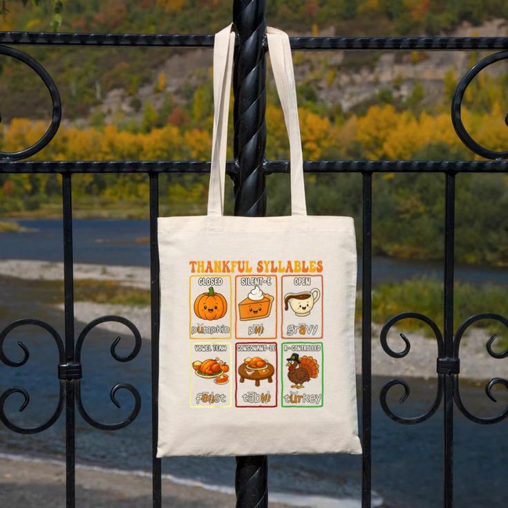 Thankful Syllables Thanksgiving Phonics Reading Teacher Fall Canvas Tote Bag, funny design Thankful Syllables Thanksgiving Phonics Reading Teacher Fall Canvas Tote Bag, funny design