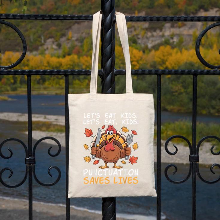 Thanksgiving Teacher Turkey Lets Eat Kids Punctuation Canvas Tote Bag, funny design