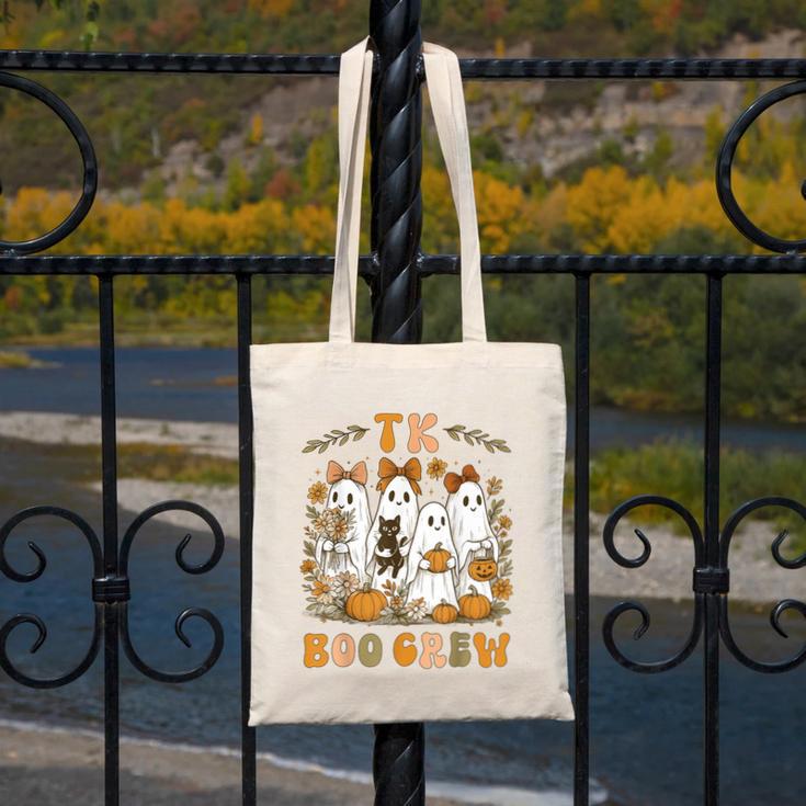 TK Boo Crew Preppy Halloween Floral Ghost TK Teacher Team TK Canvas Tote Bag, funny design