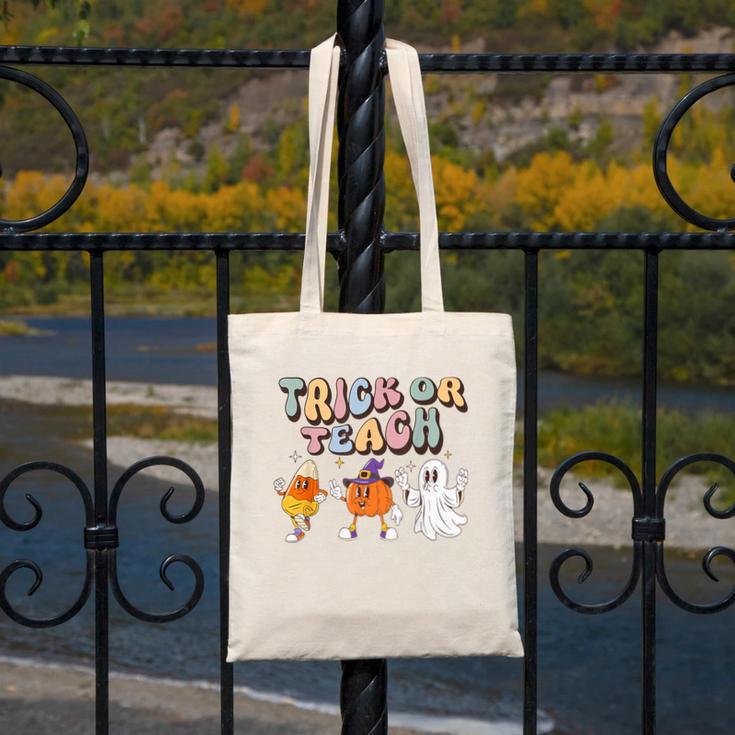 Trick Or Teach Candy Corn Pumpkin Ghost Teacher Canvas Tote Bag, funny design