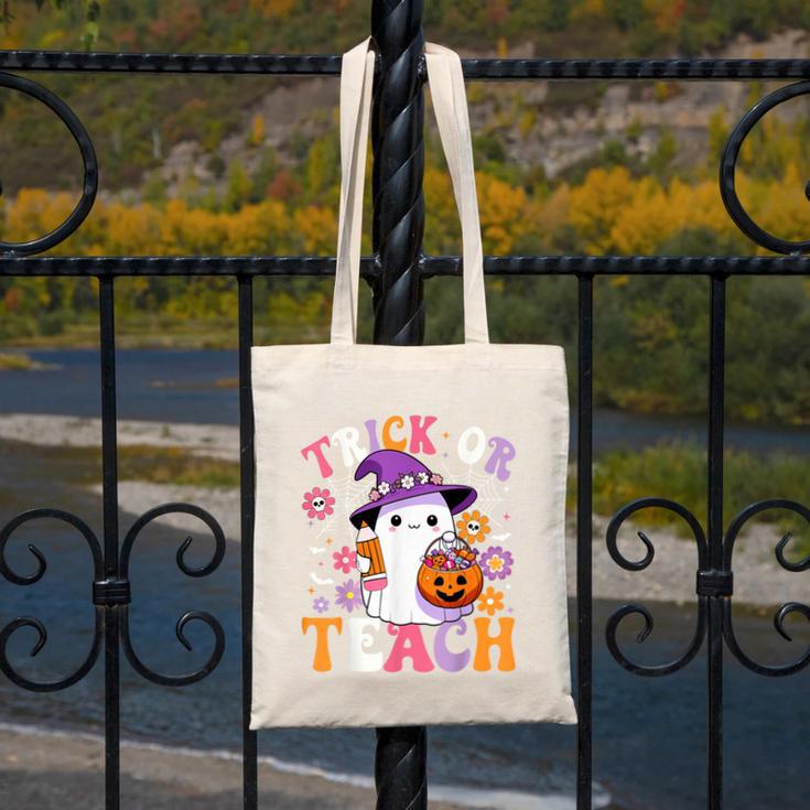Trick Or Teach Groovy Teacher Ghost Halloween Teacher Canvas Tote Bag, Groovy Teacher Gifts, funny design