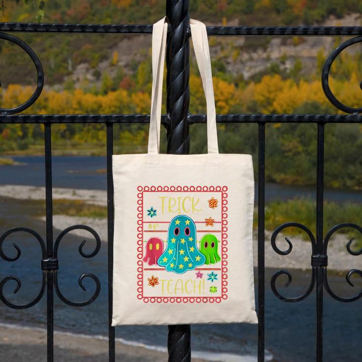 Trick Or Teach Neon Ghost Flower Teacher Spooky Halloween Canvas Tote Bag, funny design Trick Or Teach Neon Ghost Flower Teacher Spooky Halloween Canvas Tote Bag, funny design