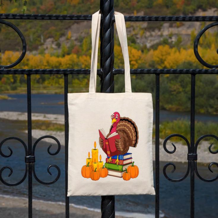Turkey Reading Books Fall Thanksgiving Teacher Book Canvas Tote Bag, funny design