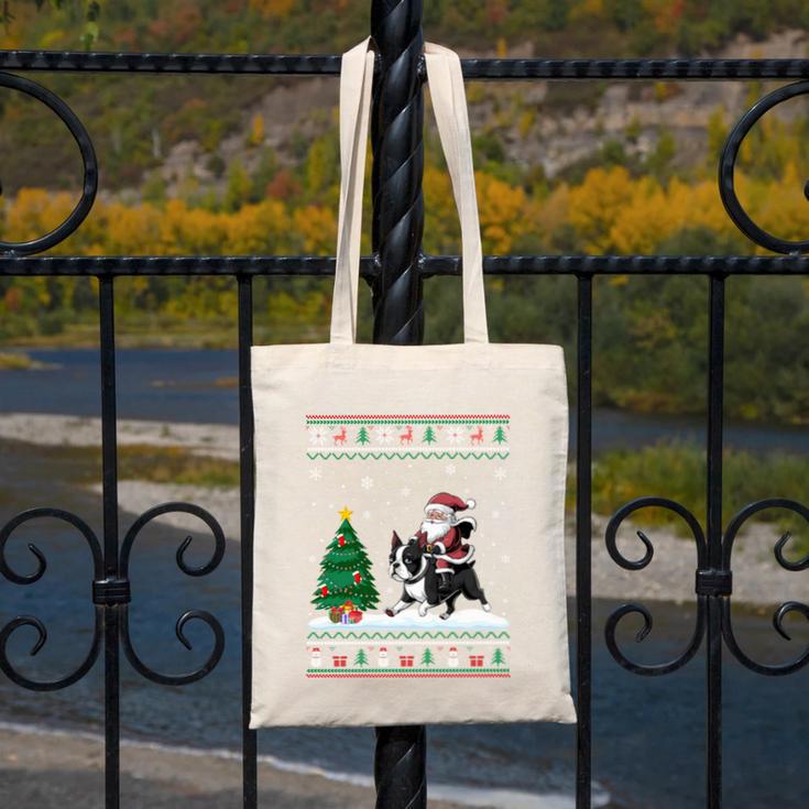 Ugly Christmas Tree Lights Xmas Santa Riding Boston Terrier Canvas Tote Bag, Boston Terrier Christmas Gifts, Boston Terrier Riding Gifts, funny design