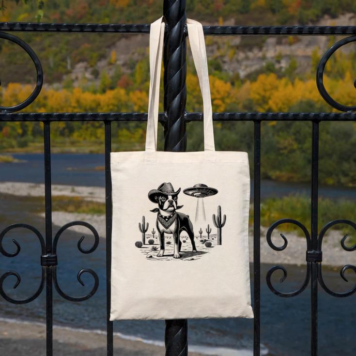 Vintage Boston Terrier UFO Western Wild West Dog Mom Dad Canvas Tote Bag, Couple Gifts, Mom Gifts, Boston Terrier Dad Gifts, Boston Terrier Mom Gifts, funny design
