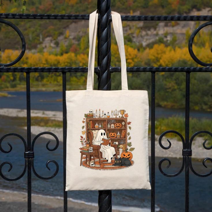 Vintage Ghost Book Reading Pumpkin Gothic Halloween Teachers Canvas Tote Bag, funny design Vintage Ghost Book Reading Pumpkin Gothic Halloween Teachers Canvas Tote Bag, funny design