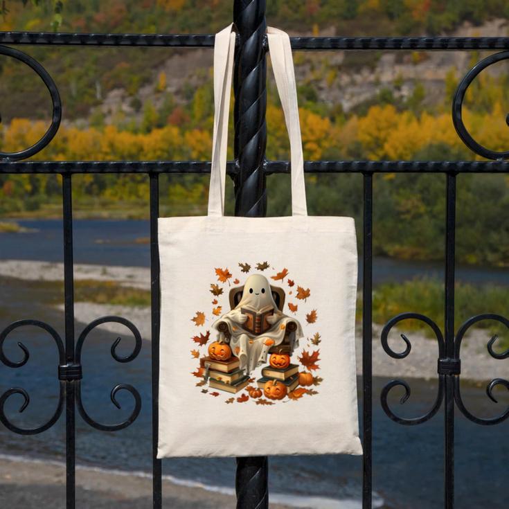 Vintage Ghost Book Reading Pumpkin Gothic Halloween Teachers Men Women Kids Canvas Tote Bag, funny design