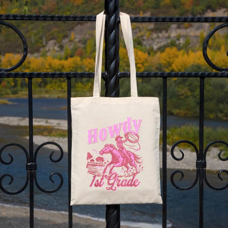 Vintage Howdy First Grade Cowgirl Teacher Western School Canvas Tote Bag, First Grade Teacher Gifts, funny design