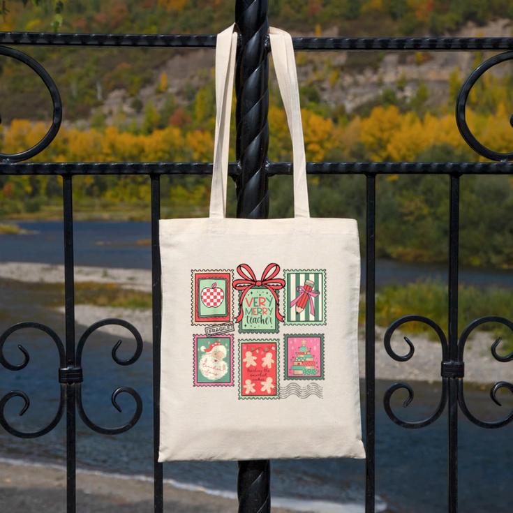 Vintage Preppy Very Merry Teacher Santa Stamps Christmas Canvas Tote Bag, funny design
