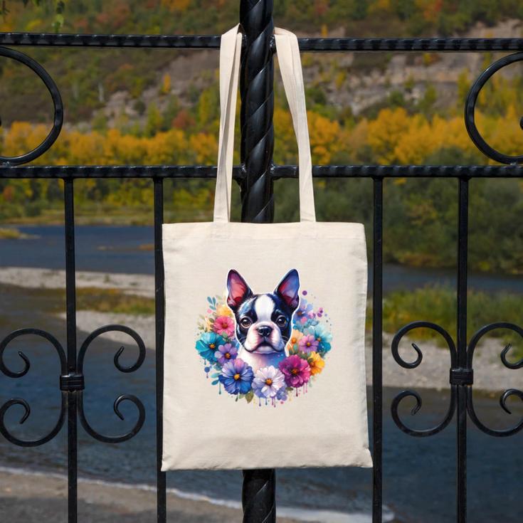 Watercolor Floral Boston Terrier Mama Dog Lover Mother's Day Canvas Tote Bag, funny design