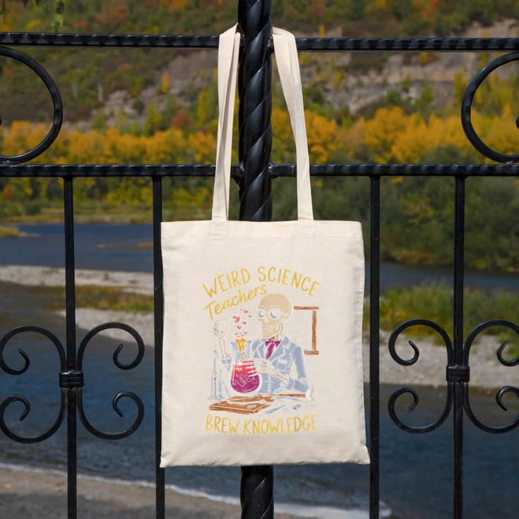 Weird Science Skeleton Halloween Teachers Brew Knowledge Canvas Tote Bag, Science Teacher Gifts, funny design