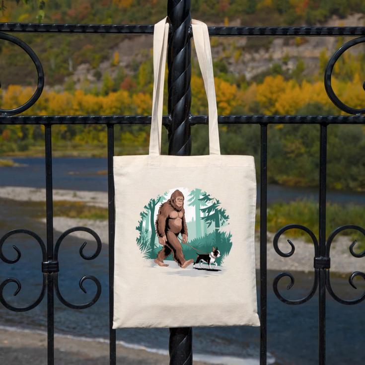 Whimsical Forest Adventures Sasquatch Bigfoot Walking Boston Terrier Dog Lovers Canvas Tote Bag, funny design