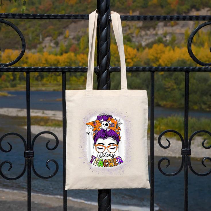 Witchy Teacher Halloween Messy Bun Teacher Bleached Canvas Tote Bag, funny design Witchy Teacher Halloween Messy Bun Teacher Bleached Canvas Tote Bag, funny design