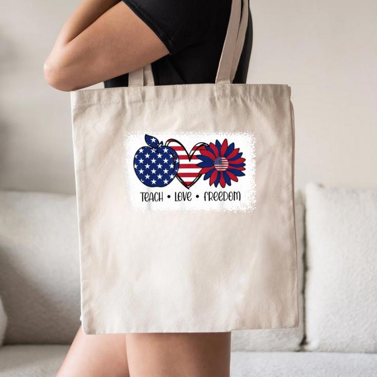 American Flag Teach Love Freedom Preschool Teacher 4th July Canvas Tote Bag, novelty gifts, funny gifts