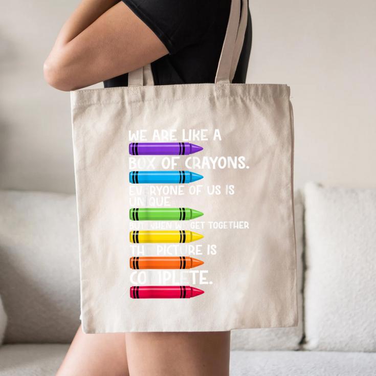Back To School Teacher We Are Like A Box Of Crayons Canvas Tote Bag, novelty gifts, funny gifts
