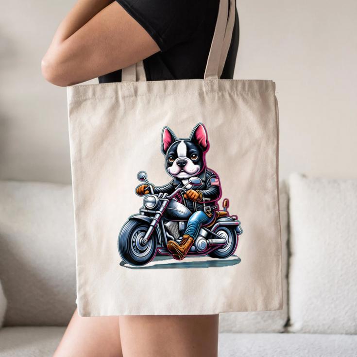 Biker Boston Terrier Dog Riding Motorbike Canvas Tote Bag, novelty gifts, funny gifts