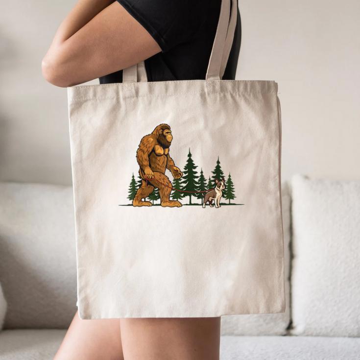 Boston Terrier Bigfoot Dog Walking Dog Mom Dad Kids Canvas Tote Bag, novelty gifts, funny gifts
