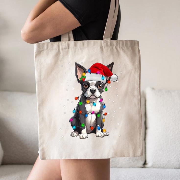 Boston Terrier Christmas Santa Hat Tree Lights Pajama Canvas Tote Bag, novelty gifts, funny gifts