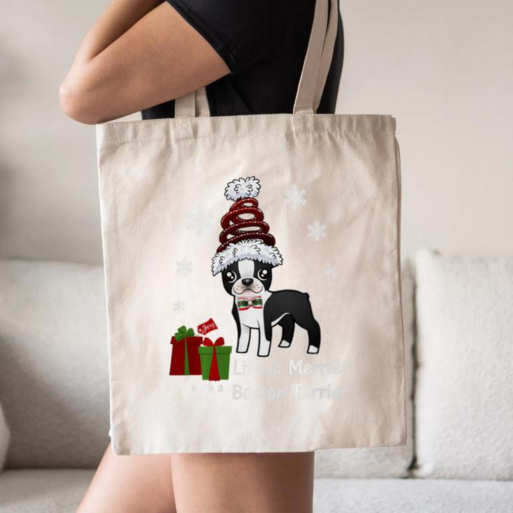 Boston Terrier Christmas T Shirt-Life Is Merrier Premium Tri-Blend Canvas Tote Bag, novelty gifts, funny gifts