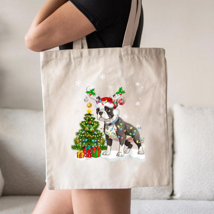 Boston Terrier Christmas Tree Lights Santa Hat Canvas Tote Bag, novelty gifts, funny gifts