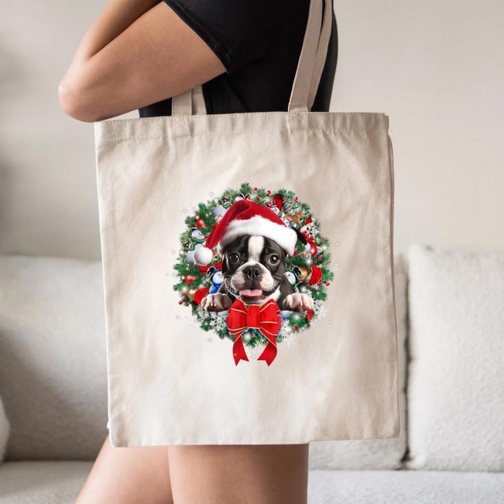 Boston Terrier Christmas Wreath Decoration Xmas Pajamas Canvas Tote Bag, novelty gifts, funny gifts