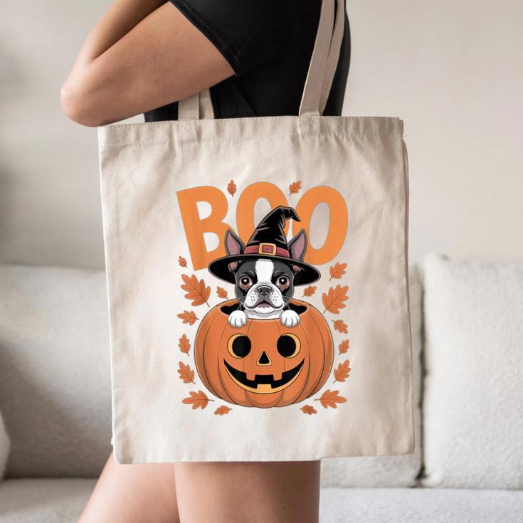 Boston Terrier Costume On Pumpkin Halloween Boston Terrier Canvas Tote Bag, novelty gifts, funny gifts