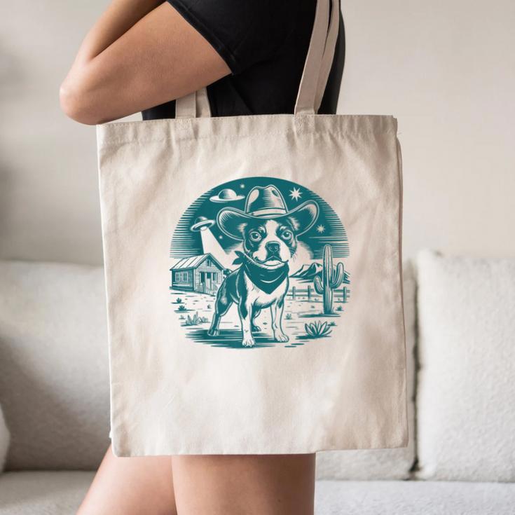 Boston Terrier Cowboy UFO Shirt Vintage Western Dog Mom Tee Canvas Tote Bag, novelty gifts, funny gifts