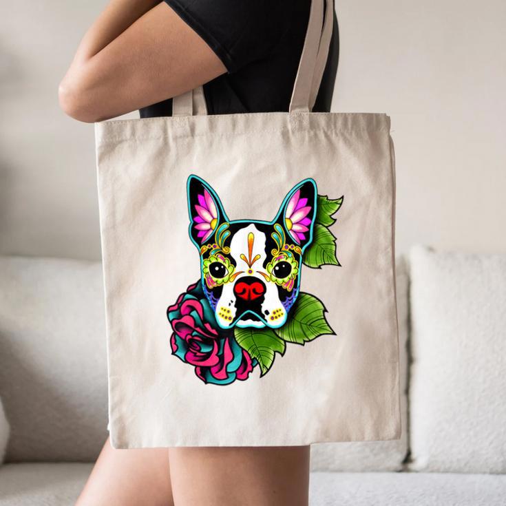 Boston Terrier In Day Of The Dead Sugar Skull Dog Canvas Tote Bag, novelty gifts, funny gifts