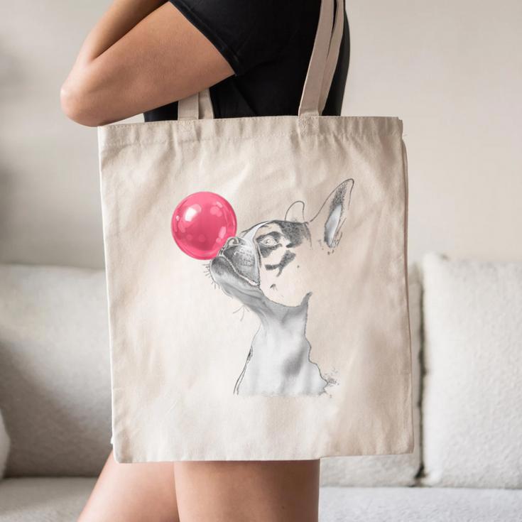 Boston Terrier Dog Blowing Chewing Bubble Gum Pink Canvas Tote Bag, novelty gifts, funny gifts