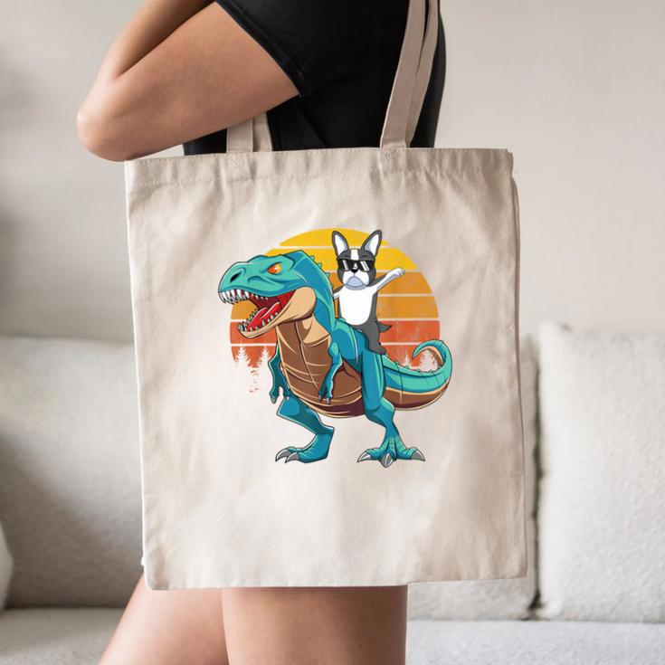 Boston Terrier Dog Riding Dinosaur T Rex Boys Canvas Tote Bag, novelty gifts, funny gifts