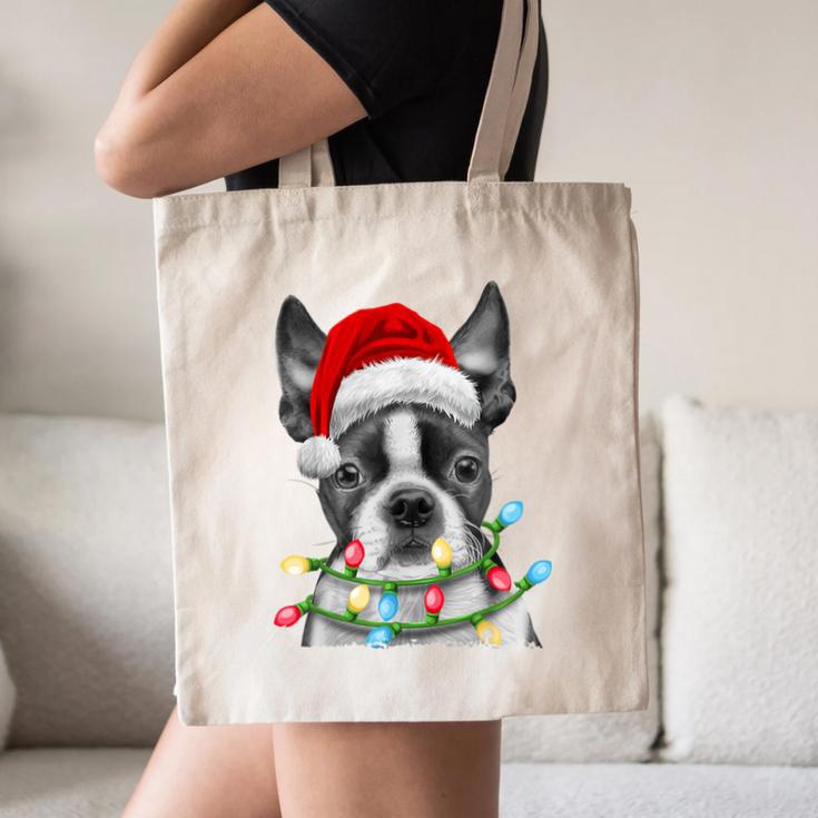 Boston Terrier Dog Santa Christmas Tree Lights Xmas Canvas Tote Bag, novelty gifts, funny gifts