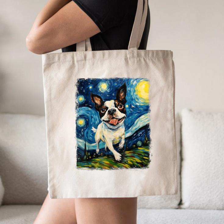 Boston Terrier Dog Starry Night Painting Canvas Tote Bag, novelty gifts, funny gifts