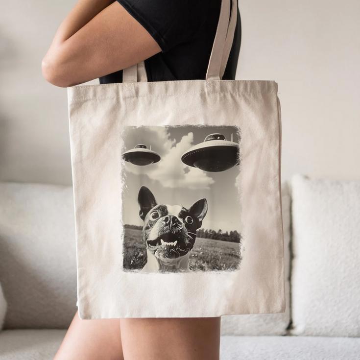 Boston Terrier Dog UFO Alien Extraterrestrial Selfie Canvas Tote Bag, novelty gifts, funny gifts