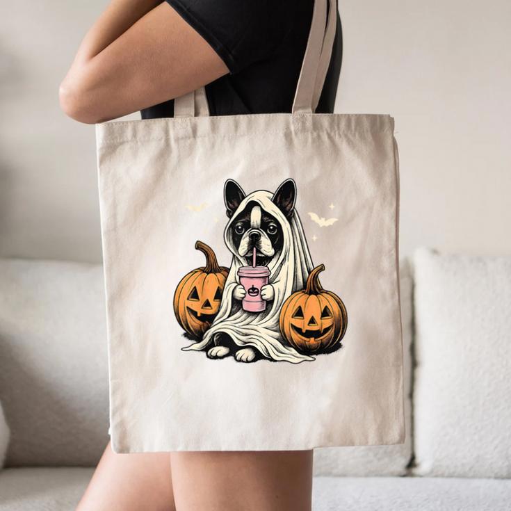 Boston Terrier Ghost Boo Halloween Costume Spooky Season Canvas Tote Bag, novelty gifts, funny gifts
