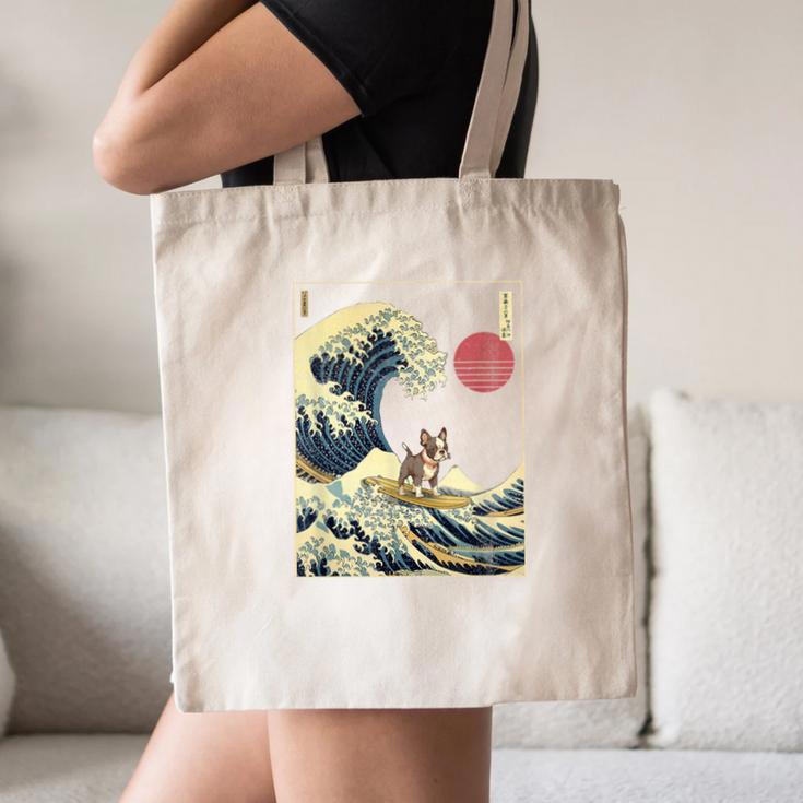 Boston Terrier Japanese Kanagawa Wave Surf Dog Canvas Tote Bag, novelty gifts, funny gifts