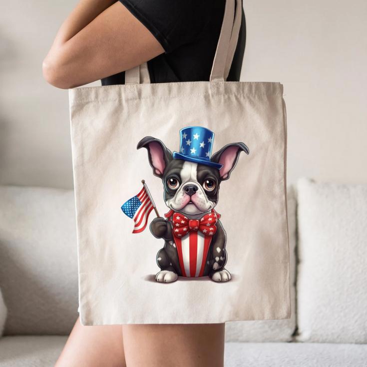 Boston Terrier Puppy Dog Holds His American Flag 4th Of July Canvas Tote Bag, novelty gifts, funny gifts