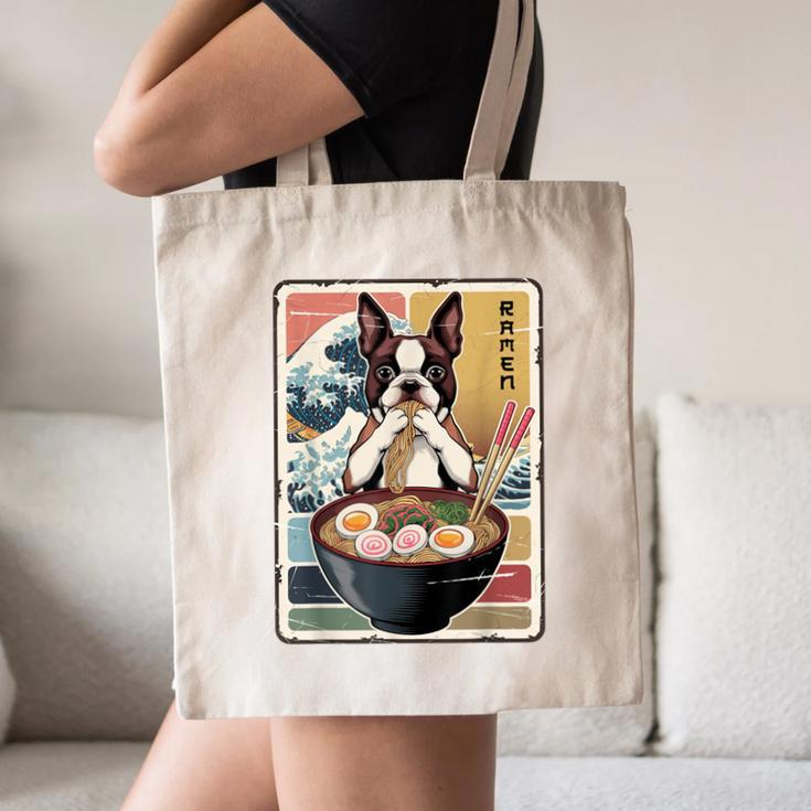 Boston Terrier Ramen Noodles Japanese Art Retro Ocean Waves Canvas Tote Bag, novelty gifts, funny gifts