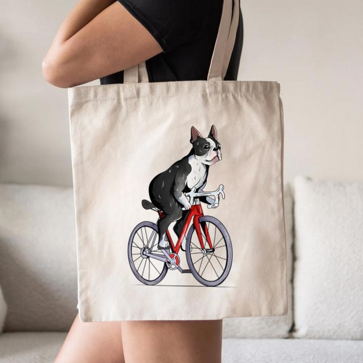 Boston Terrier Riding Bicycle Cute Bostie Biker Raglan Baseball Tee Canvas Tote Bag, novelty gifts, funny gifts