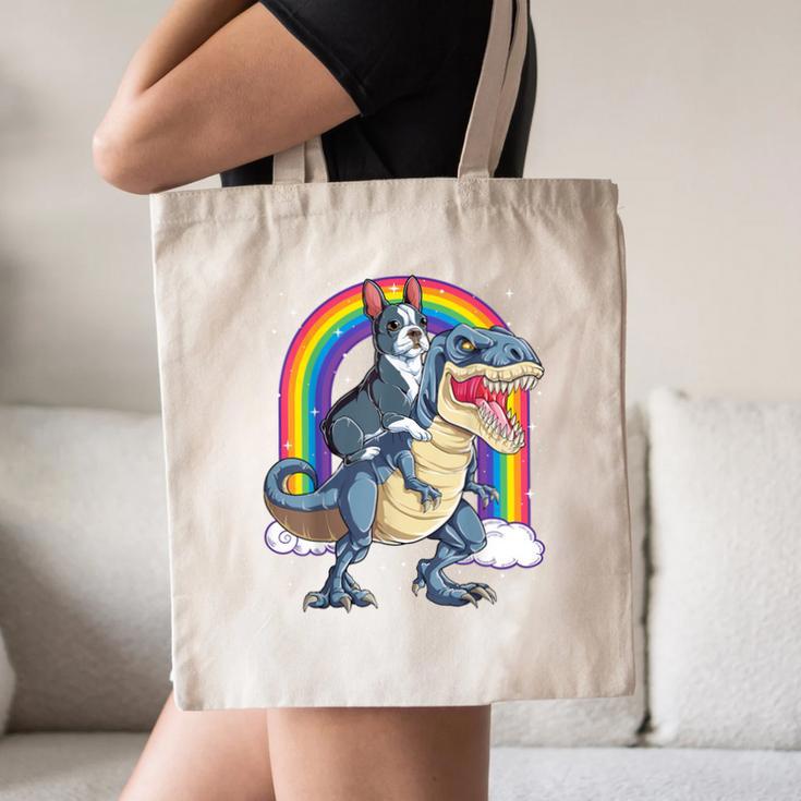 Boston Terrier Riding Dinosaur T-Rex Boys Kids Rainbow Canvas Tote Bag, novelty gifts, funny gifts
