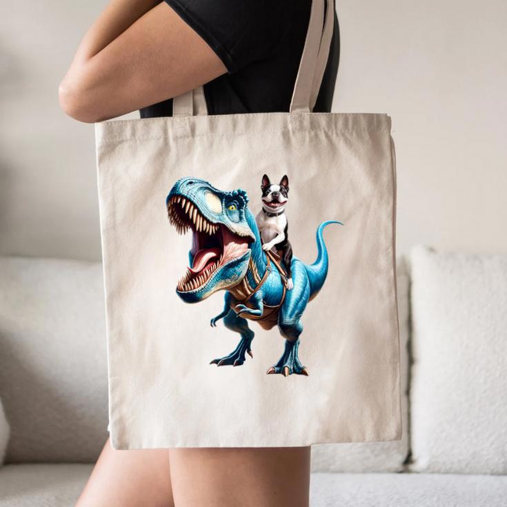 Boston Terrier Riding T-Rex Dinosaur Dog Lover Canvas Tote Bag, novelty gifts, funny gifts