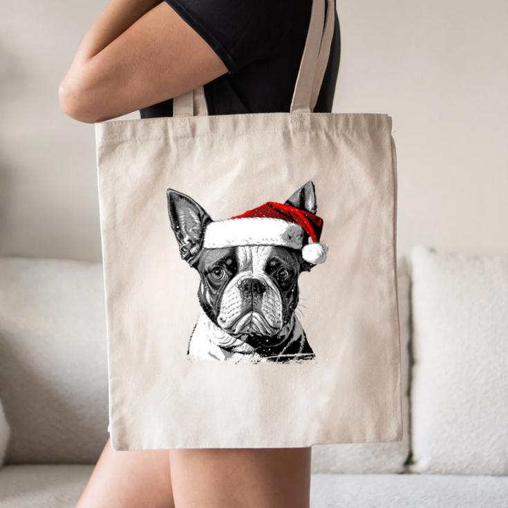 Boston Terrier Santa Claus Hat Merry Christmas Dog X-Mas Canvas Tote Bag, novelty gifts, funny gifts