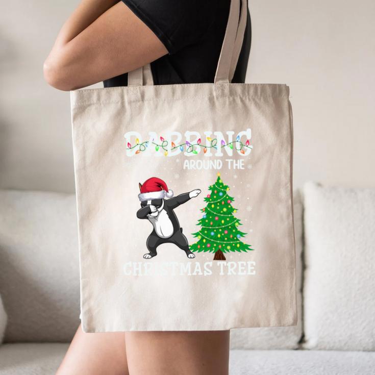 Boston Terrier Santa Hat Dabbing Around The Christmas Tree Canvas Tote Bag, novelty gifts, funny gifts